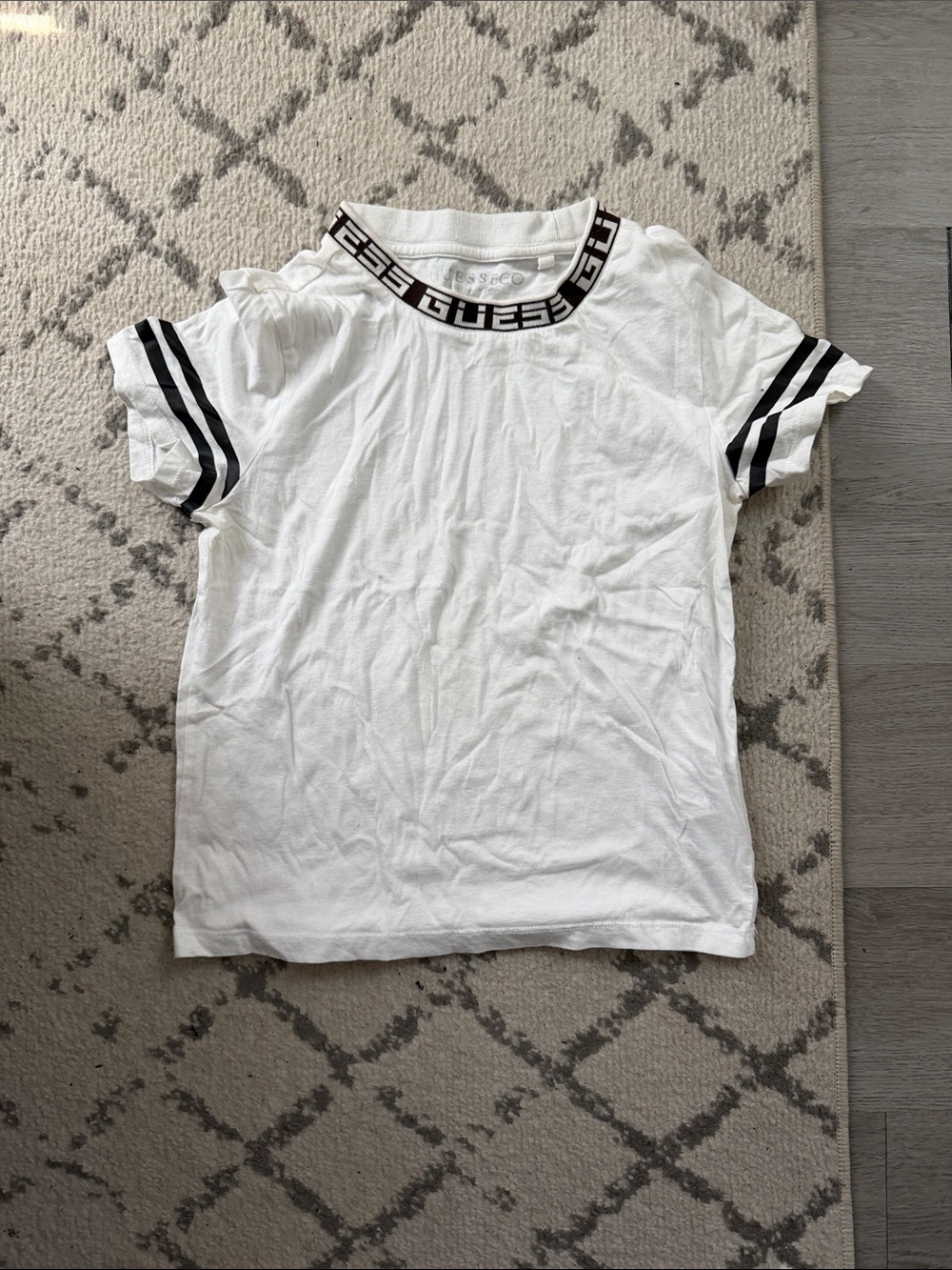 Guess White Tee with Black Logo Collar and Sleeve Stripes